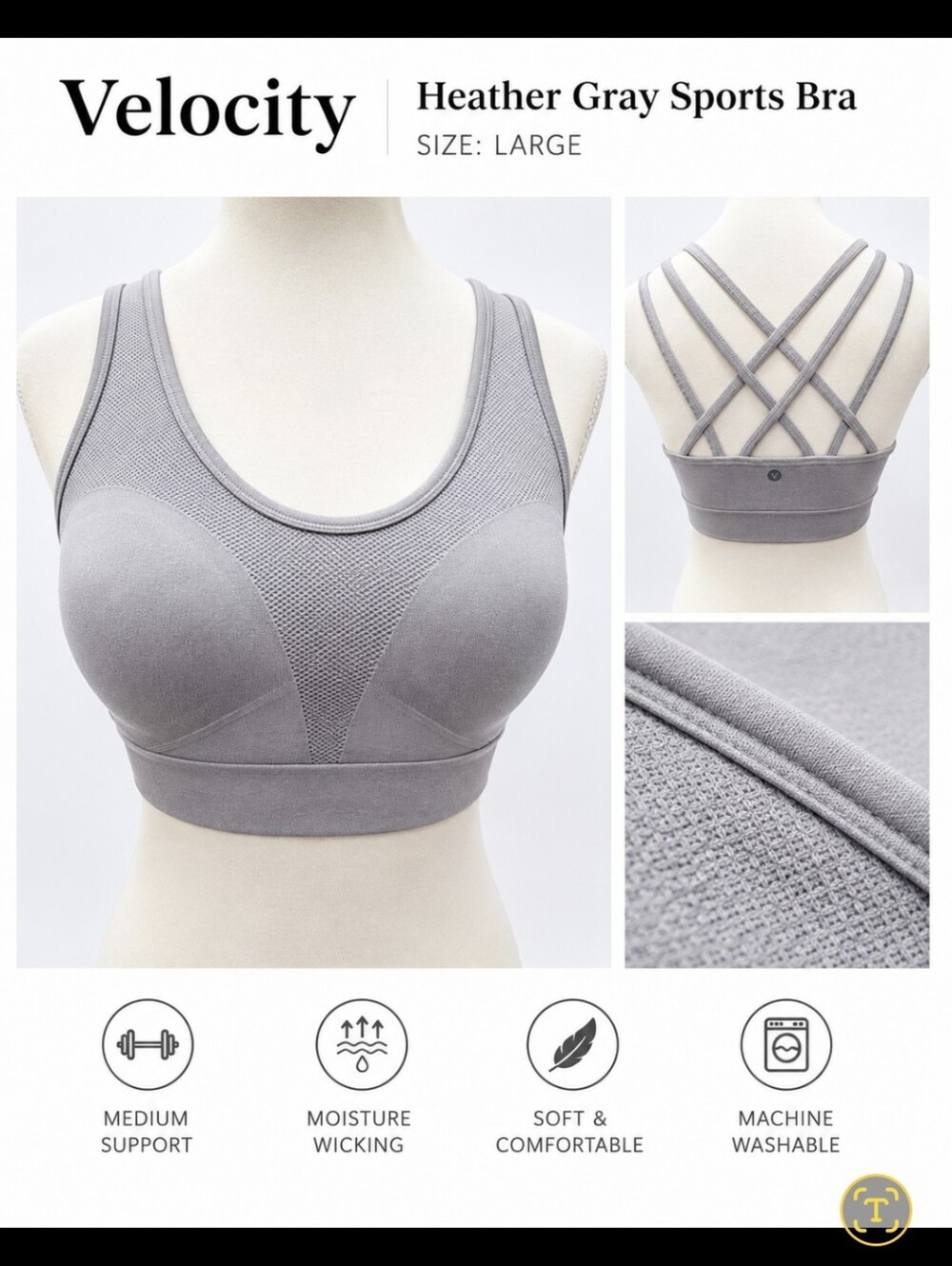Velocity Heather Gray Strappy Back Sports Bra Size Large Activewear Athletic Bra